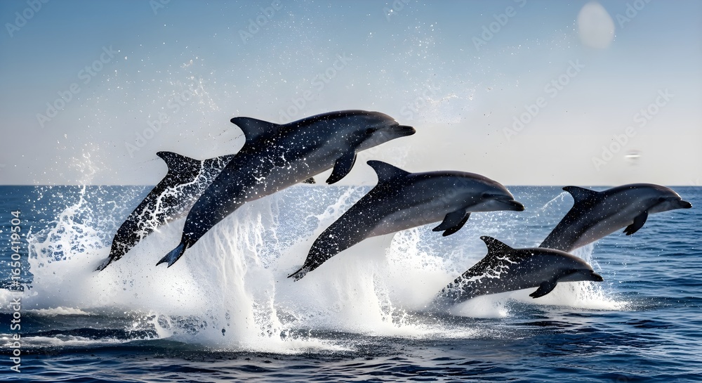 Fototapeta premium Four Dolphins Leaping Ocean Splash