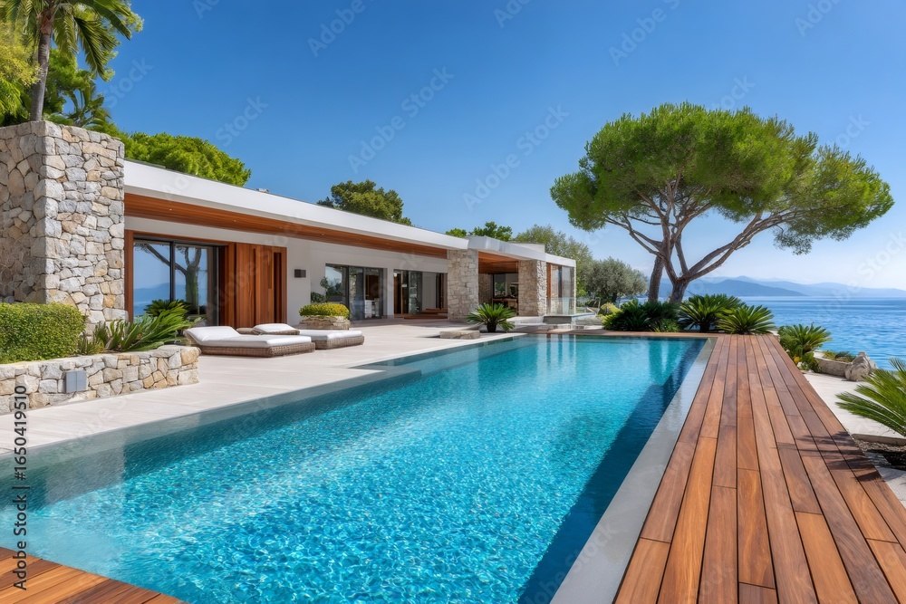 Fototapeta premium Luxury infinity pool overlooking tranquil ocean at a modern villa