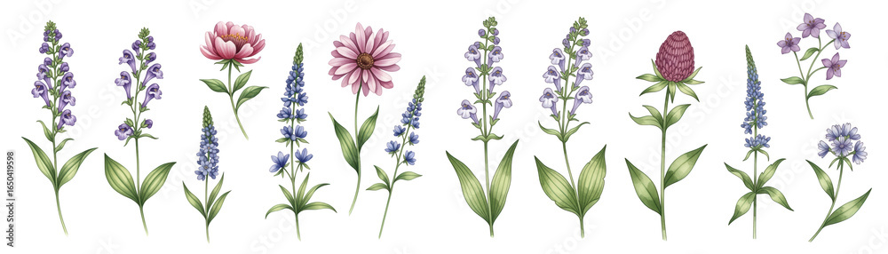 Naklejka premium A vibrant arrangement of various flowers in shades of pink, purple, and blue, capturing nature's beauty.