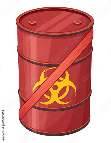 Hazardous waste drum with biohazard symbol and warning strap, industrial safety concept