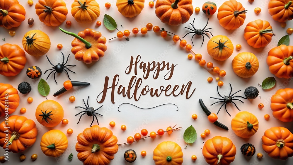Obraz premium Happy halloween greeting with pumpkins, spiders, and candy corn border on a white background