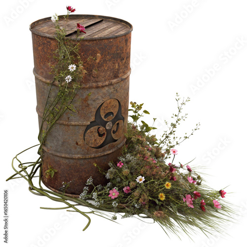 Rusty biohazard barrel overgrown with delicate flowers symbolizes nature reclaiming industry