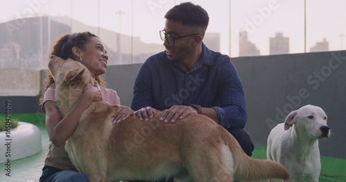 Photography Adoption center, dogs and couple for foster care, smile and love in rescue kennel