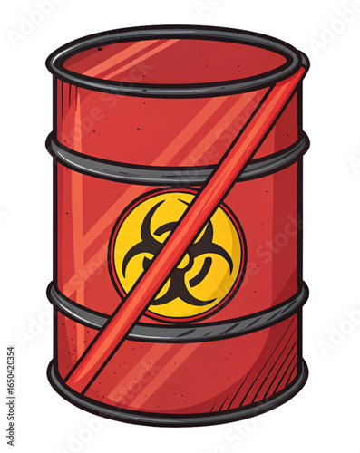 Warning danger biohazard barrel with prohibition symbol, hazardous waste containment alert