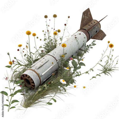 Symbolic contrast: overgrown missile symbolizes peace amidst nature's resilience and hope