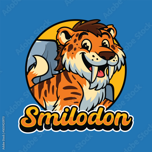 Cute Smilodon extinct animal Mascot in Cartoon Illustration