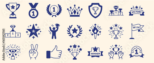 Award and Achievement Icon Set – Vector Collection of Trophies, Medals, Winner Symbols, and Success Badges for Recognition and Victory Themes
