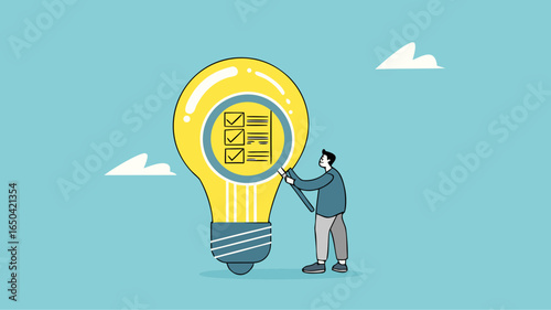 researching business ideas, market research for business idea success, Business idea viability checking, businessman with magnifier analyze business light bulb idea concept vector illustration