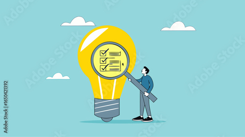 researching business ideas, market research for business idea success, Business idea viability checking, businessman with magnifier analyze business light bulb idea concept vector illustration
