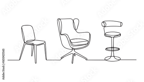 Modern chairs and bar stool continuous line drawing furniture interior design