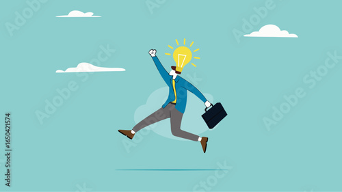 get new business idea or opportunity, intelligence or wisdom to drive career success, creativity or brilliant idea for business success, smart businessman jump with light bulb idea head illustration