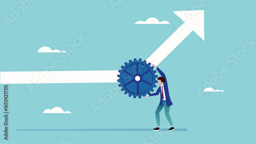 change business management, businessman turn gear cog to manage change direction arrows, professional or expertise to manage company transformation or implement new process concept vector illustration