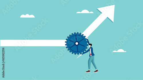 change business management, businessman turn gear cog to manage change direction arrows, professional or expertise to manage company transformation or implement new process concept vector illustration