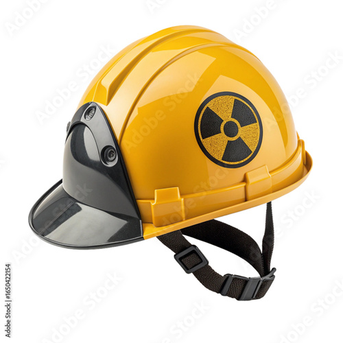 Bright yellow hard hat with radiation symbol offers essential safety for hazardous work environments