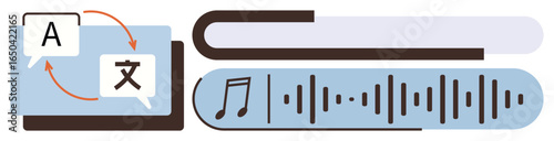 Speech bubbles with translation symbols, audio waveforms, and a book highlight language processing, interpretation, and sound analysis. Ideal for education, AI, technology, linguistics