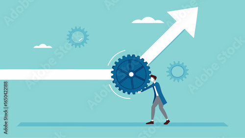 change business management, businessman turn gear cog to manage change direction arrows, professional or expertise to manage company transformation or implement new process concept vector illustration