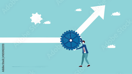 change business management, businessman turn gear cog to manage change direction arrows, professional or expertise to manage company transformation or implement new process concept vector illustration