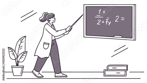 Teacher teaching mathematics lesson in classroom with chalkboard and equation vector illustration design