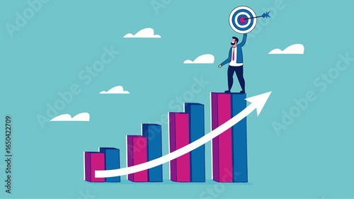 growth to achieve goals or career success, business growth on target concept, success step to reach goal, businessman standing on top of business growth chart while carrying dart boards