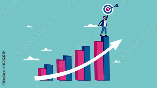 growth to achieve goals or career success, business growth on target concept, success step to reach goal, businessman standing on top of business growth chart while carrying dart boards