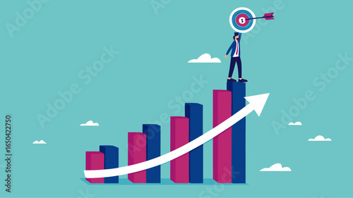 growth to achieve goals or career success, business growth on target concept, success step to reach goal, businessman standing on top of business growth chart while carrying dart boards