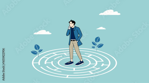 businessman standing in the middle of the maze thinking looking for a way out, problem solving concept, business people with maze puzzle, looking for solution or innovation in solving business problem