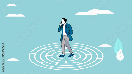 businessman standing in the middle of the maze thinking looking for a way out, problem solving concept, business people with maze puzzle, looking for solution or innovation in solving business problem