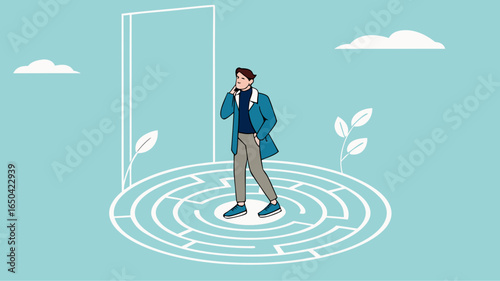 businessman standing in the middle of the maze thinking looking for a way out, problem solving concept, business people with maze puzzle, looking for solution or innovation in solving business problem