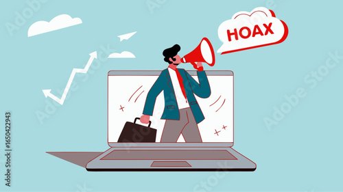 businessman using megaphone conveying fake news or hoax on computer laptop, hoax or fake news illustration, misleading information from social media that creates misunderstandings