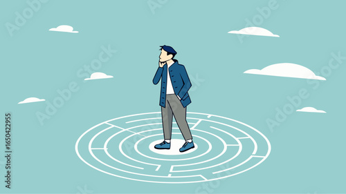 businessman standing in the middle of the maze thinking looking for a way out, problem solving concept, business people with maze puzzle, looking for solution or innovation in solving business problem