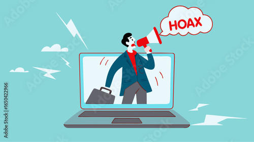 businessman using megaphone conveying fake news or hoax on computer laptop, hoax or fake news illustration, misleading information from social media that creates misunderstandings