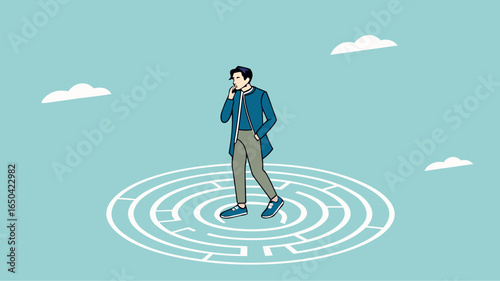 businessman standing in the middle of the maze thinking looking for a way out, problem solving concept, business people with maze puzzle, looking for solution or innovation in solving business problem