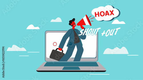 businessman using megaphone conveying fake news or hoax on computer laptop, hoax or fake news illustration, misleading information from social media that creates misunderstandings