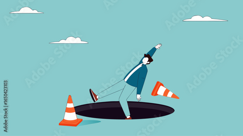 businessman fell into a hole because he was walking while using AR VR headset technology, augmented and virtual reality technology impact illustration, negative impact from AR VR technology