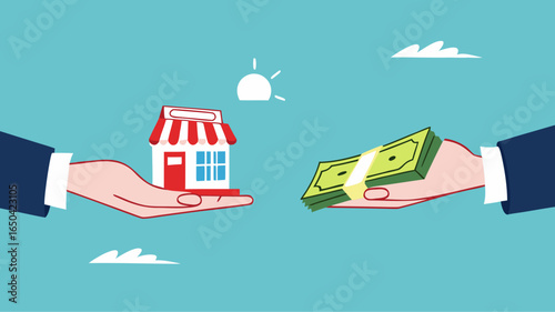 company buyout, selling company offer or merger, acquisition agreement or take over, franchise business concept, businessman offering money to buy a company or franchise business concept illustration