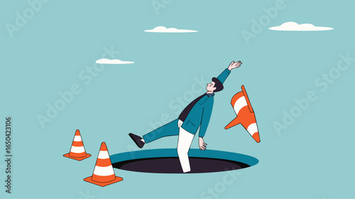 businessman fell into a hole because he was walking while using AR VR headset technology, augmented and virtual reality technology impact illustration, negative impact from AR VR technology