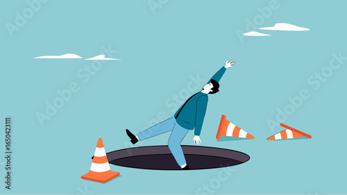 businessman fell into a hole because he was walking while using AR VR headset technology, augmented and virtual reality technology impact illustration, negative impact from AR VR technology