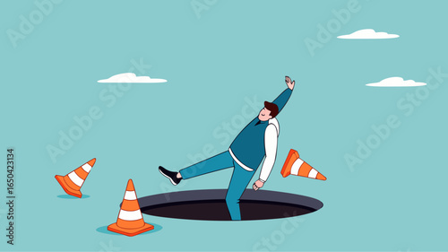 businessman fell into a hole because he was walking while using AR VR headset technology, augmented and virtual reality technology impact illustration, negative impact from AR VR technology