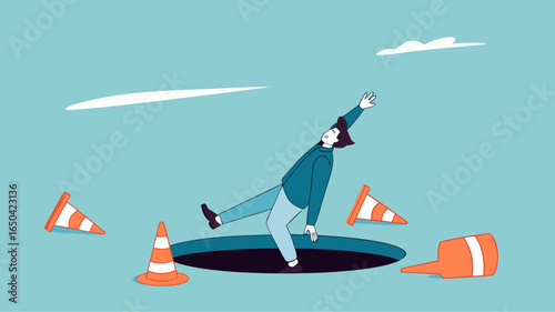 businessman fell into a hole because he was walking while using AR VR headset technology, augmented and virtual reality technology impact illustration, negative impact from AR VR technology