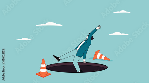 businessman fell into a hole because he was walking while using AR VR headset technology, augmented and virtual reality technology impact illustration, negative impact from AR VR technology