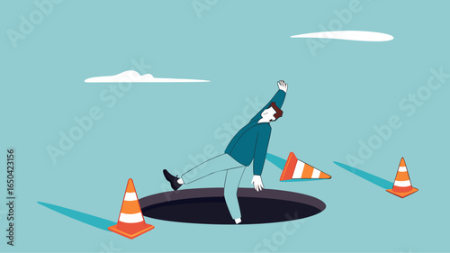 businessman fell into a hole because he was walking while using AR VR headset technology, augmented and virtual reality technology impact illustration, negative impact from AR VR technology