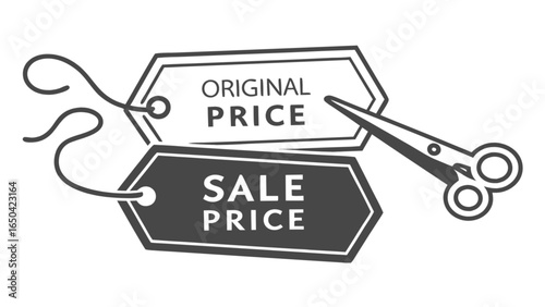 Sale price cut original price tag with scissors for discount promotion retail shopping concept design
