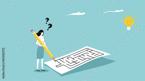 problem solving, businesswoman solving a labyrinth puzzle to get a solution, business people with maze puzzle, logical thinking to solve problem, creative strategy looking for way to success