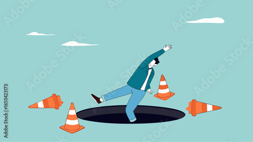 businessman fell into a hole because he was walking while using AR VR headset technology, augmented and virtual reality technology impact illustration, negative impact from AR VR technology