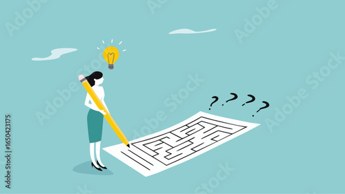 problem solving, businesswoman solving a labyrinth puzzle to get a solution, business people with maze puzzle, logical thinking to solve problem, creative strategy looking for way to success