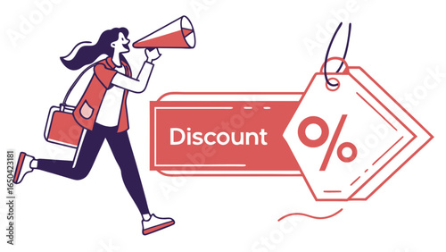 Discount sale promotion advertisement vector illustration with woman and megaphone for shopping deal offer