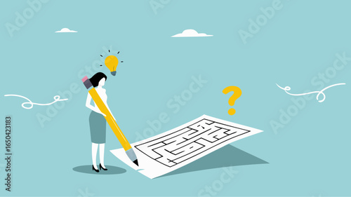 problem solving, businesswoman solving a labyrinth puzzle to get a solution, business people with maze puzzle, logical thinking to solve problem, creative strategy looking for way to success