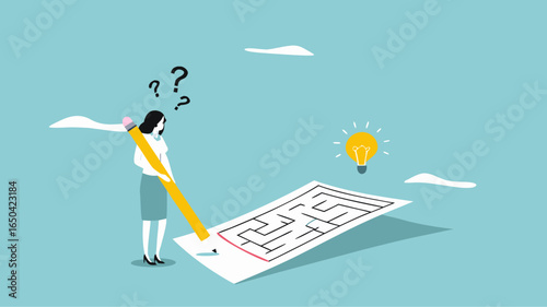 problem solving, businesswoman solving a labyrinth puzzle to get a solution, business people with maze puzzle, logical thinking to solve problem, creative strategy looking for way to success