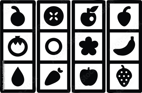 Vector art of a set of fruit icons in black and white isolated on white background