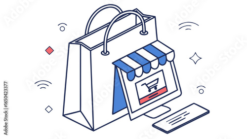 Online shopping bag with store front design for ecommerce business and retail marketplace illustration concept